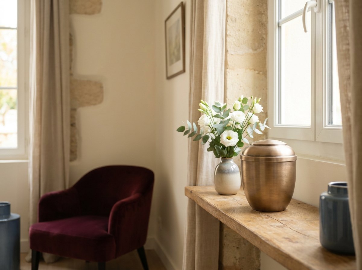Urne cinéraire et fleurs blanches dans une lumière douce