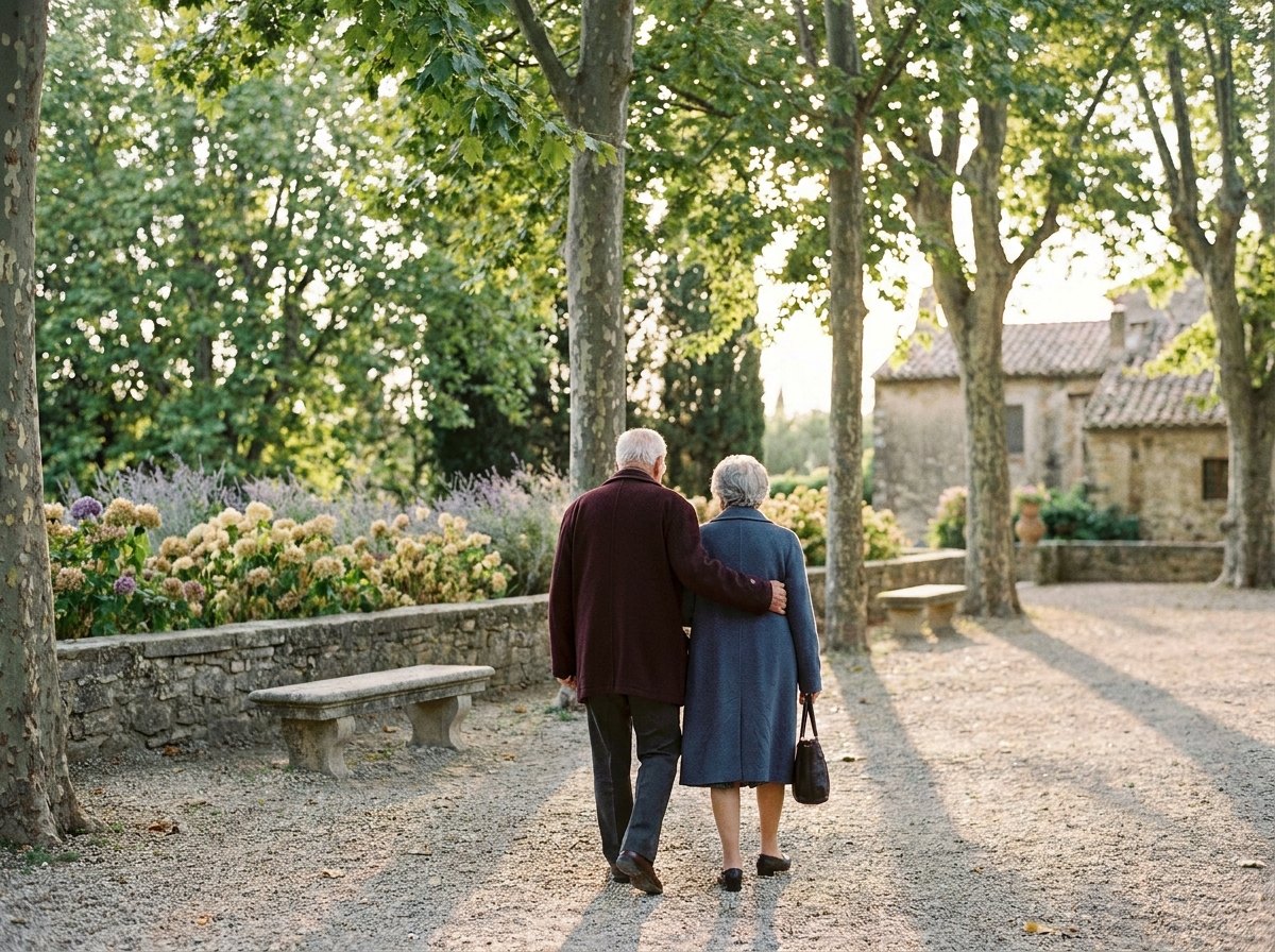 Couple senior serein dans un jardin : prévoyance obsèques à Béziers